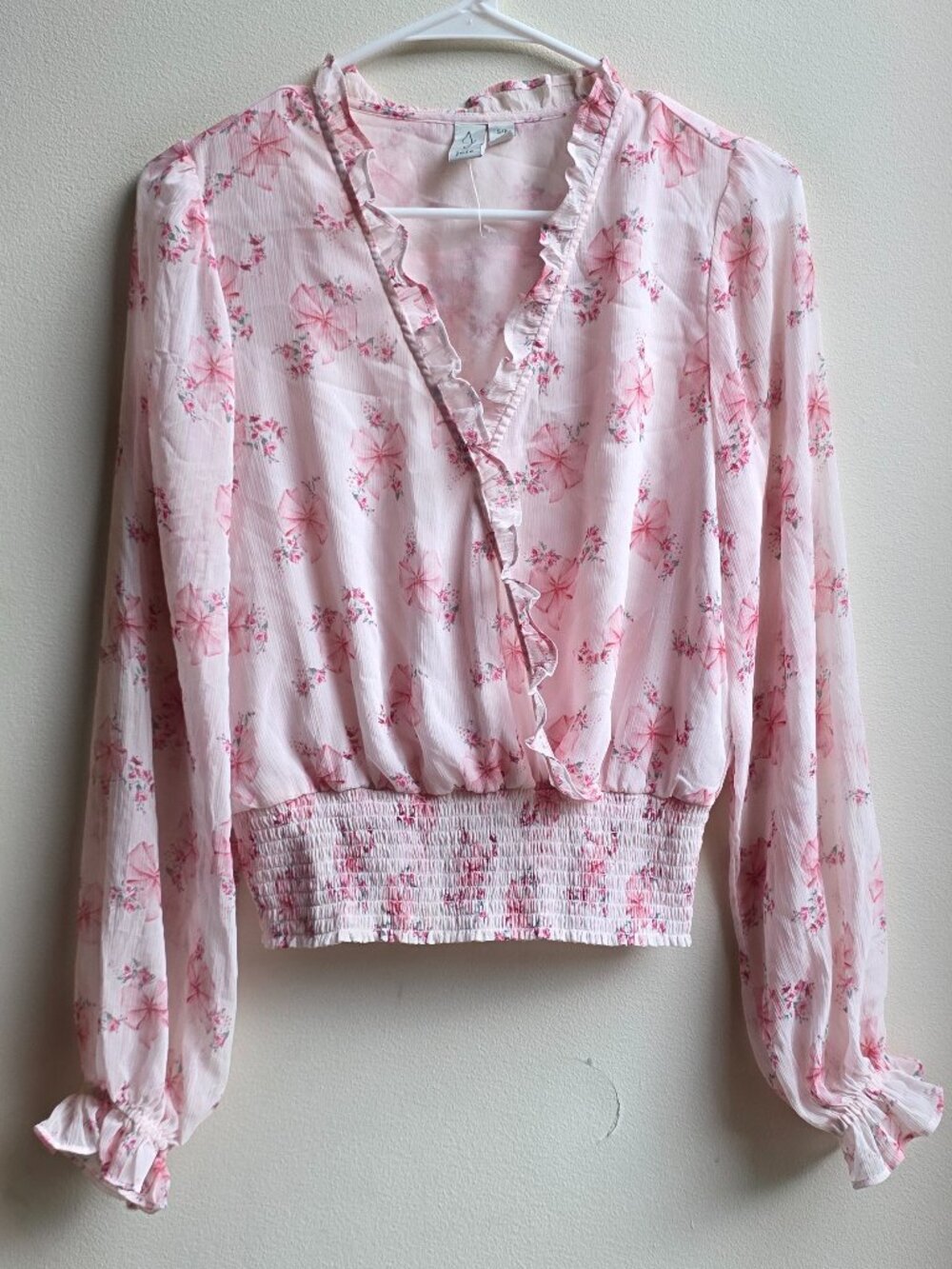 Joie Pink/White Sheer V-Neck Crossover Ruffled Bouse Size Small